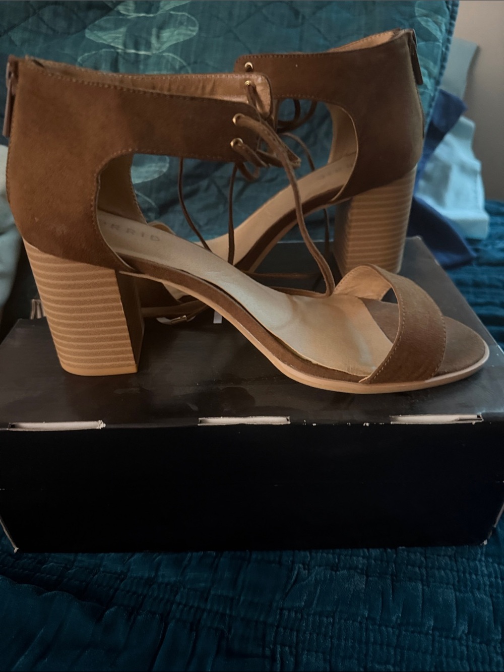 Women's Brown Suede Block Heel Sandals with Lace-Up Ankle